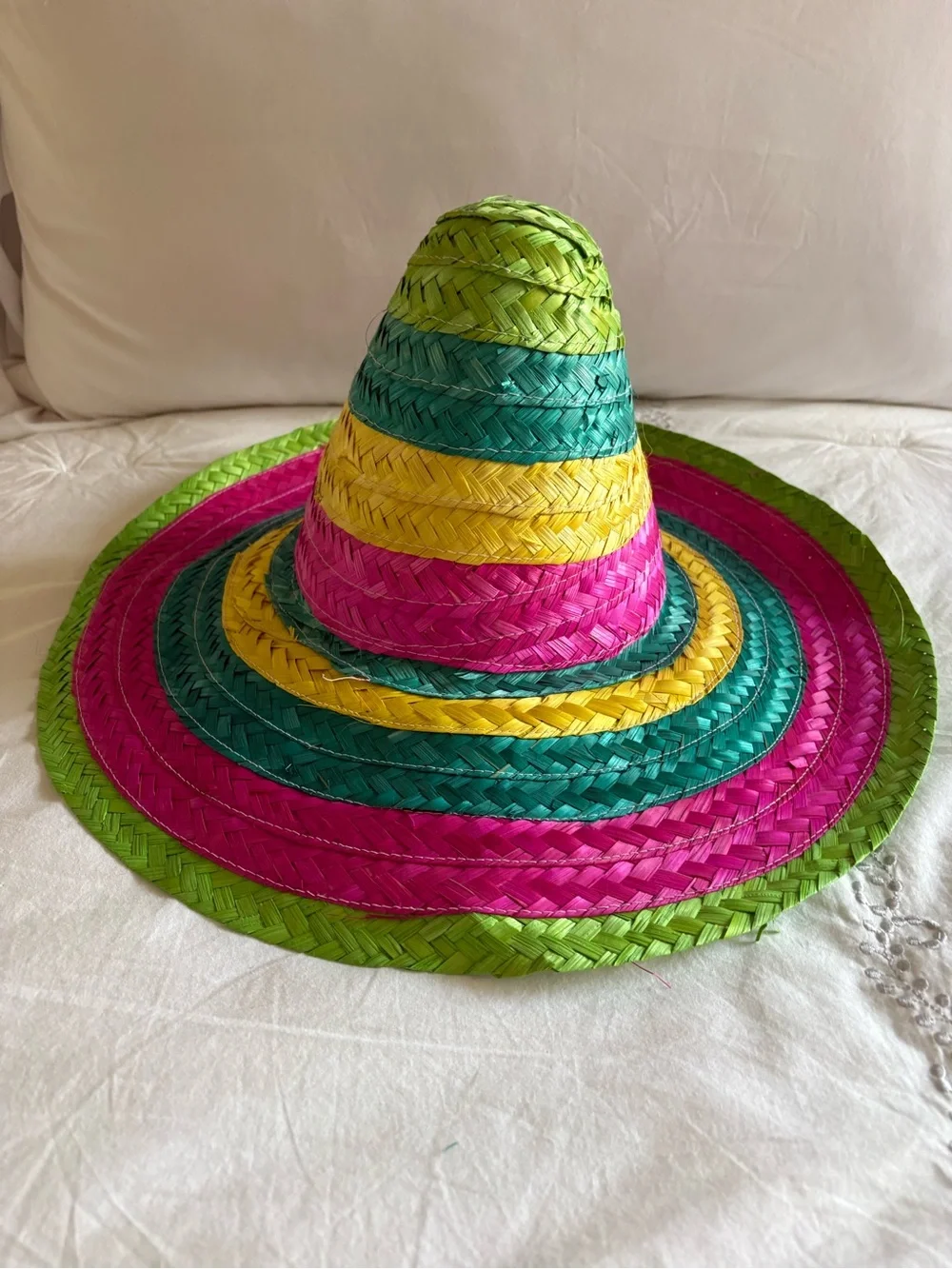 Colorful Woven Straw Sombrero Party Hat — Rainbow Striped Fiesta/Cinco de Mayo